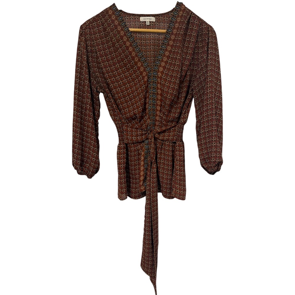 Max Studio Womens Brown Geometric Print V-Neck‎ Tie Front Smocked Blouse Medium